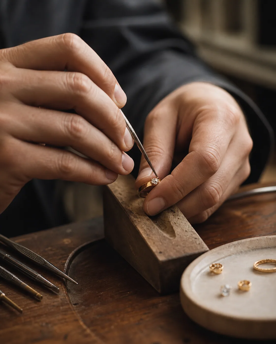 A jeweler setting a diamond by hand